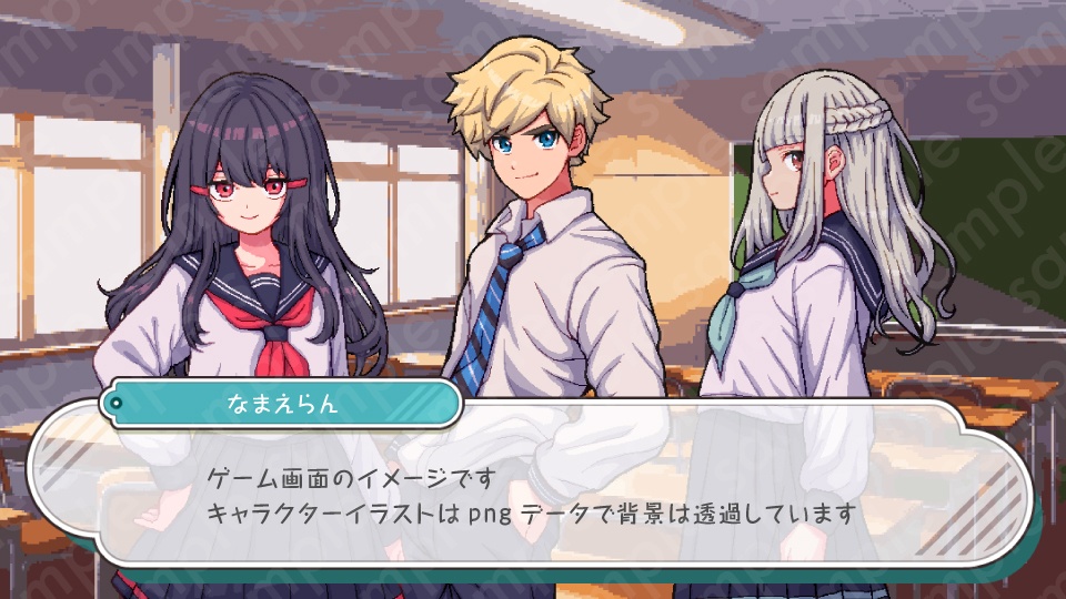 【ドット絵立ち絵素材6人セット】制服を着た中学生の男性女性キャラクターイラスト・セーラー服・教師・スーツ・全身表情10種+α