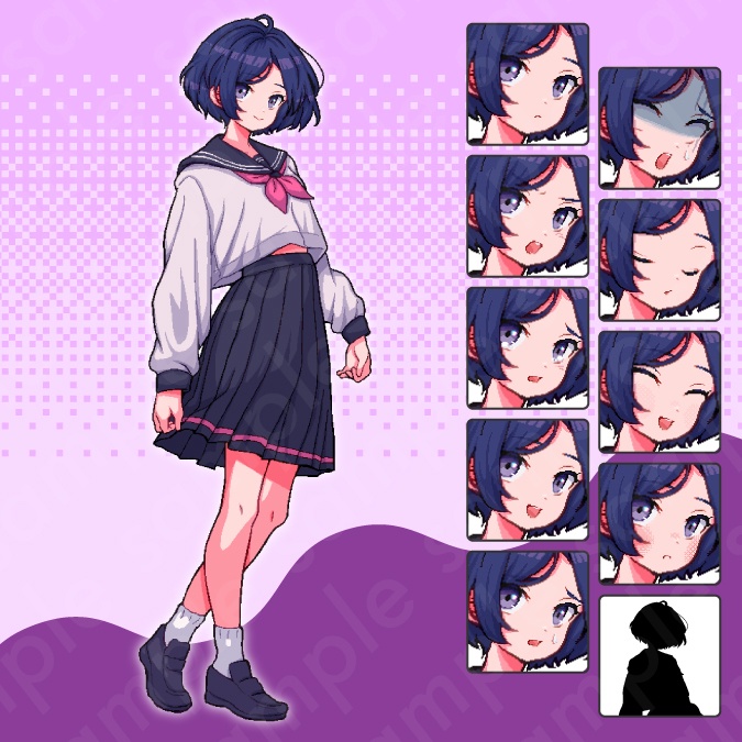 【ドット絵立ち絵素材6人セット】制服を着た中学生の男性女性キャラクターイラスト・セーラー服・教師・スーツ・全身表情10種+α