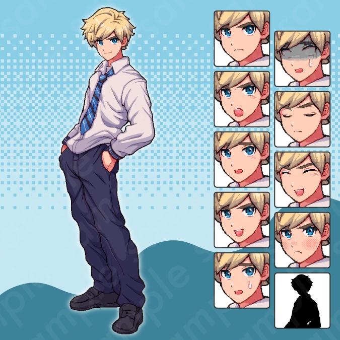 【ドット絵立ち絵素材6人セット】制服を着た中学生の男性女性キャラクターイラスト・セーラー服・教師・スーツ・全身表情10種+α