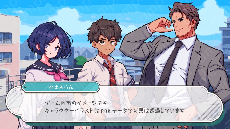 【ドット絵立ち絵素材6人セット】制服を着た中学生の男性女性キャラクターイラスト・セーラー服・教師・スーツ・全身表情10種+α