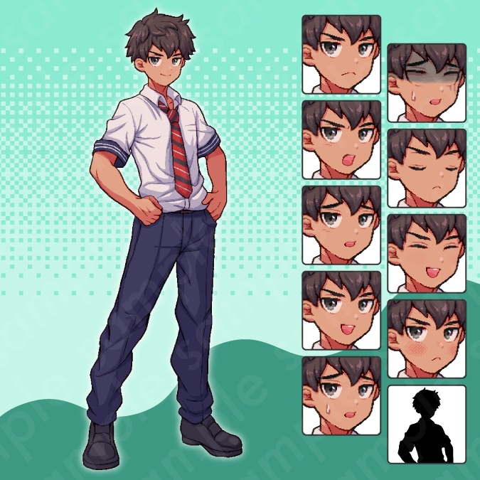 【ドット絵立ち絵素材6人セット】制服を着た中学生の男性女性キャラクターイラスト・セーラー服・教師・スーツ・全身表情10種+α