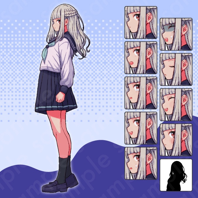 【ドット絵立ち絵素材6人セット】制服を着た中学生の男性女性キャラクターイラスト・セーラー服・教師・スーツ・全身表情10種+α