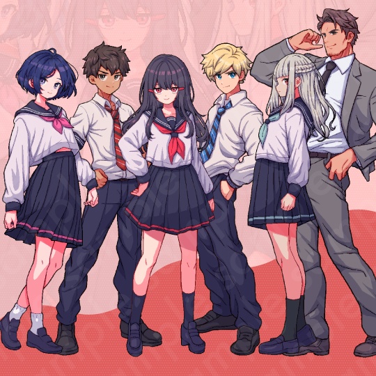 【ドット絵立ち絵素材6人セット】制服を着た中学生の男性女性キャラクターイラスト・セーラー服・教師・スーツ・全身表情10種+α