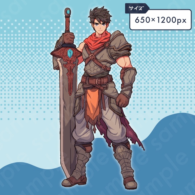 【ドット絵立ち絵素材】王道主人公系の茶髪男性キャラクターイラスト・ファンタジー・剣士・全身表情10種+α