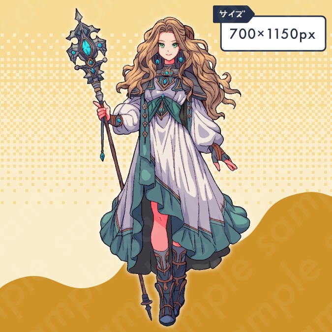 【ドット絵立ち絵素材】魔法使いのお嬢様系金髪女性キャラクターイラスト・ファンタジー・魔術師・全身表情10種+α