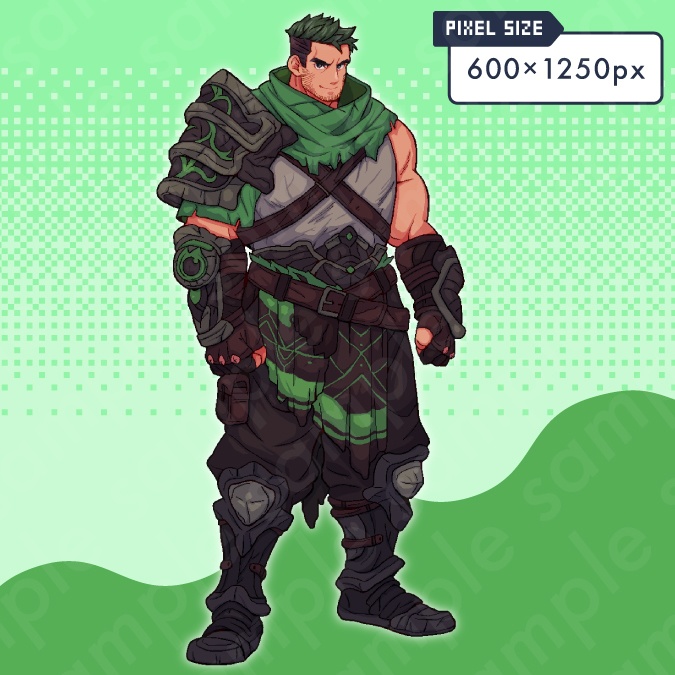 【ドット絵立ち絵素材】髭を生やしたガタイの良い緑髪の格闘家風男性キャラクターイラスト・ファンタジー・全身表情10種+α