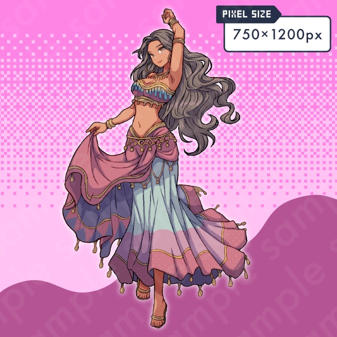 【ドット絵立ち絵素材】褐色肌の踊り子風女性キャラクターイラスト・ファンタジー・茶髪ロングヘア・全身表情10種+α