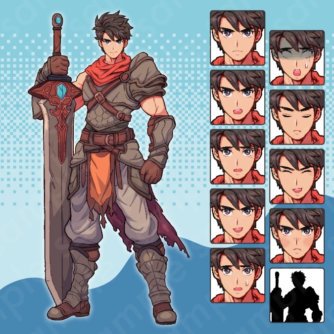 【ドット絵立ち絵素材6人セット】ファンタジーセットA・冒険パーティ男性女性キャラクターイラスト・剣士・魔法使い・アサシン・格闘家・踊り子・弓師・全身表情10種+α