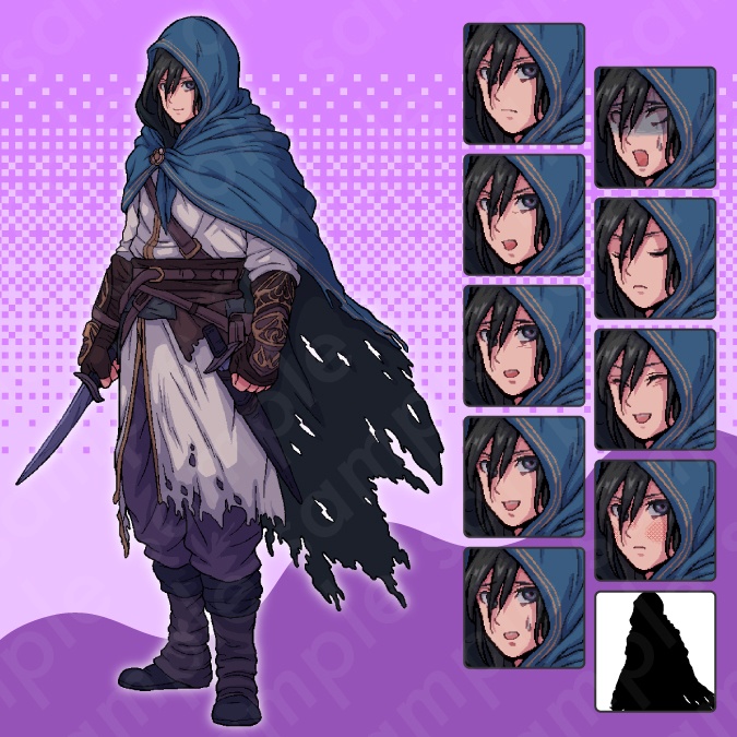 【ドット絵立ち絵素材6人セット】ファンタジーセットA・冒険パーティ男性女性キャラクターイラスト・剣士・魔法使い・アサシン・格闘家・踊り子・弓師・全身表情10種+α