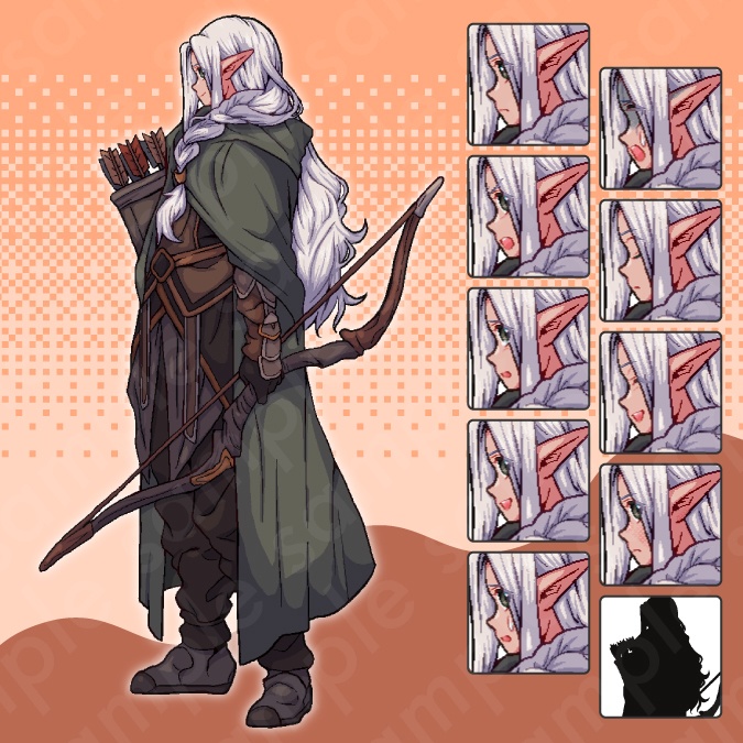 【ドット絵立ち絵素材6人セット】ファンタジーセットA・冒険パーティ男性女性キャラクターイラスト・剣士・魔法使い・アサシン・格闘家・踊り子・弓師・全身表情10種+α