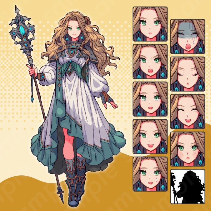 【ドット絵立ち絵素材6人セット】ファンタジーセットA・冒険パーティ男性女性キャラクターイラスト・剣士・魔法使い・アサシン・格闘家・踊り子・弓師・全身表情10種+α