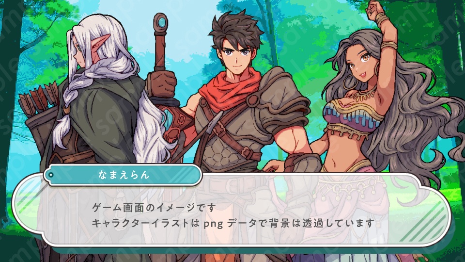 【ドット絵立ち絵素材6人セット】ファンタジーセットA・冒険パーティ男性女性キャラクターイラスト・剣士・魔法使い・アサシン・格闘家・踊り子・弓師・全身表情10種+α