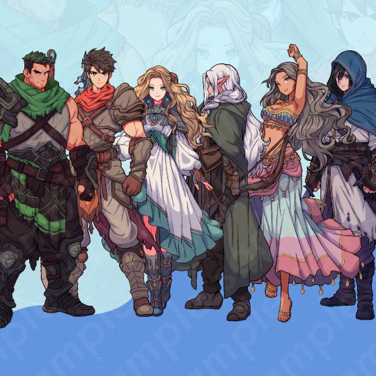 【ドット絵立ち絵素材6人セット】ファンタジーセットA・冒険パーティ男性女性キャラクターイラスト・剣士・魔法使い・アサシン・格闘家・踊り子・弓師・全身表情10種+α