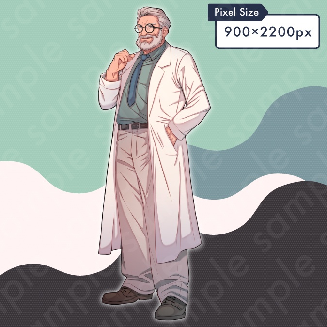 【立ち絵素材】白衣を着た白髪白髭の男性モブキャライラスト・現代・医者・博士・学者・全身表情5種+α