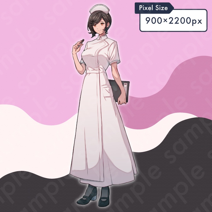 【立ち絵素材】ナース服を着た茶髪の女性モブキャライラスト・現代・看護師・全身表情5種+α