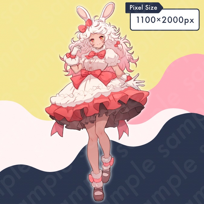 【立ち絵素材】フリルドレスを着たうさ耳女性のイラスト・ファンタジー・獣人・リボン・全身表情10種+α