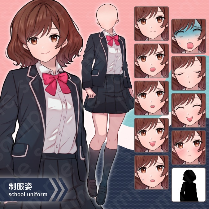 【着せ替え立ち絵素材】ヒロイン風茶髪ボブヘアの女子高校生・現代・女性・全身・服装5種類×差分12種類