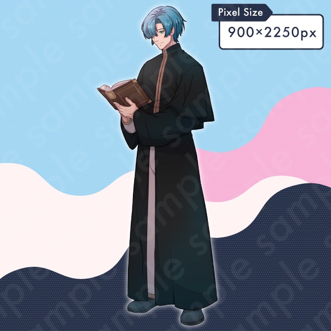 【立ち絵素材】神官や神父風な落ち着いた雰囲気の青髪男性のイラスト・ファンタジー・片目隠れ・全身表情10種+α