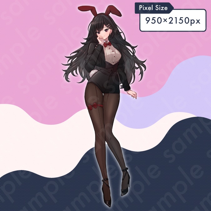 【立ち絵素材】バニーガール姿でツンデレ高飛車な雰囲気の黒髪女性のイラスト・現代・ファンタジー・スーツ・全身表情10種+α