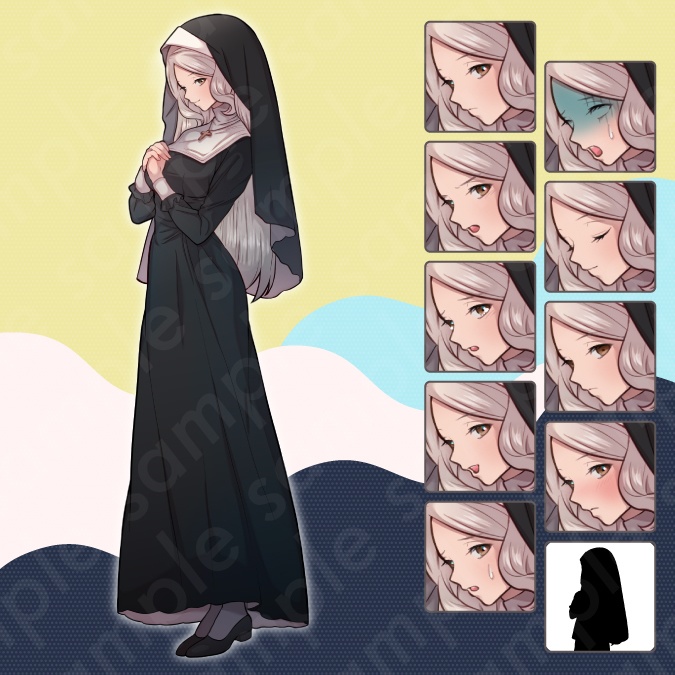 【立ち絵素材6人セット】商人・錬金術師・受付嬢・神父・シスター・マジシャン・バニーガール男女のキャラクターイラスト・ファンタジー・全身表情10種+α