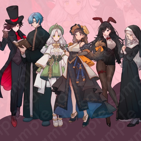 【立ち絵素材6人セット】商人・錬金術師・受付嬢・神父・シスター・マジシャン・バニーガール男女のキャラクターイラスト・ファンタジー・全身表情10種+α