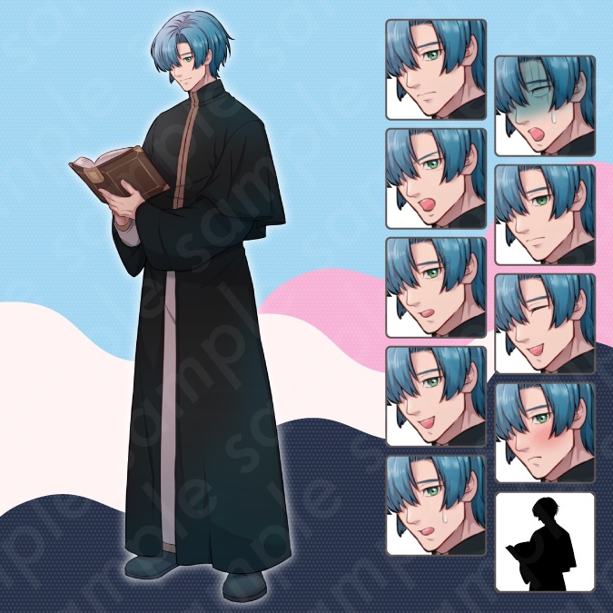 【立ち絵素材6人セット】商人・錬金術師・受付嬢・神父・シスター・マジシャン・バニーガール男女のキャラクターイラスト・ファンタジー・全身表情10種+α