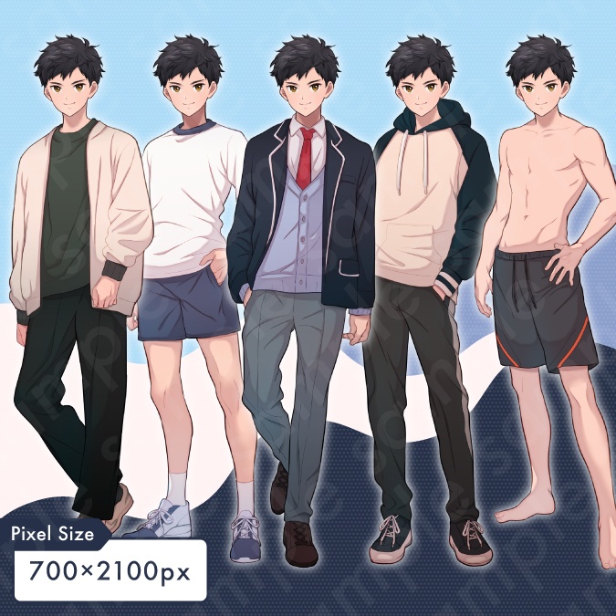 【着せ替え立ち絵素材】主人公風黒髪の男子高校生・現代の制服、体操服、水着など服装5種類×差分12種類