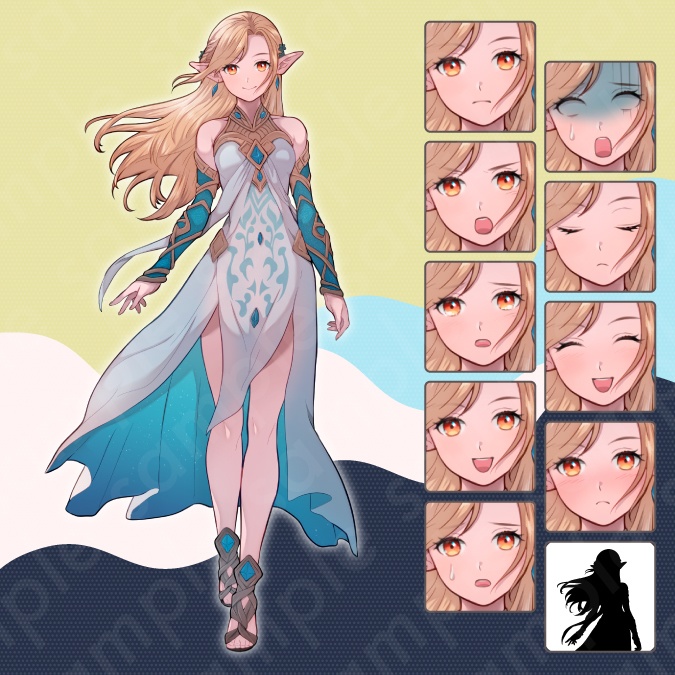 【立ち絵素材4人セット】魔法使い・剣士・エルフ姫・獣使い風男女のキャラクターイラスト・ファンタジー・全身表情10種+α