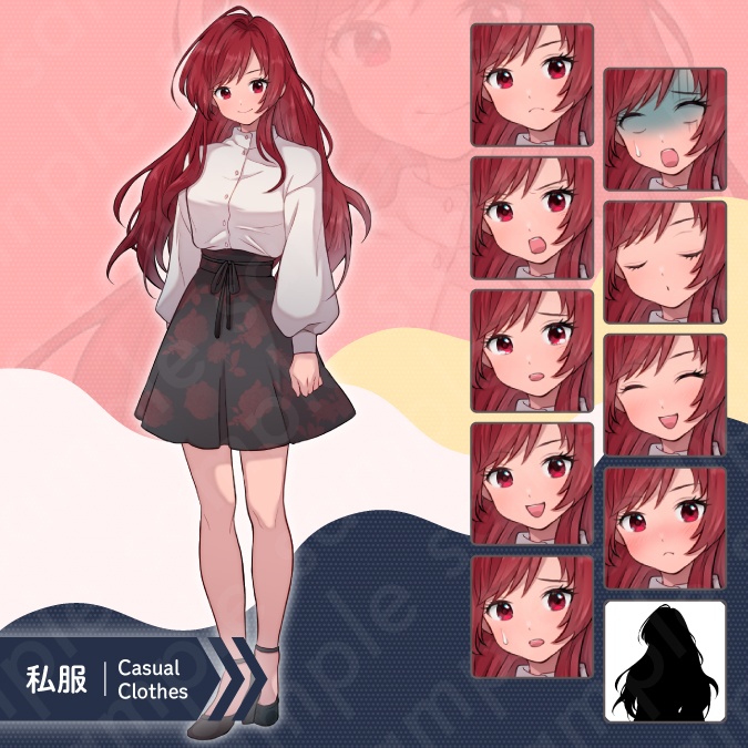 【立ち絵素材】ヒロイン系勝ち気な雰囲気の赤髪ロングヘアの女子高生イラスト・制服・私服・全身表情10種+α