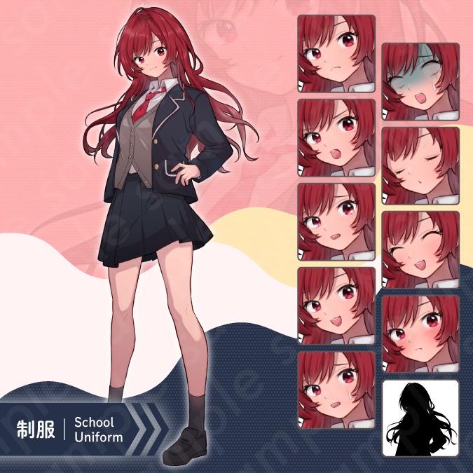 【立ち絵素材】ヒロイン系勝ち気な雰囲気の赤髪ロングヘアの女子高生イラスト・制服・私服・全身表情10種+α