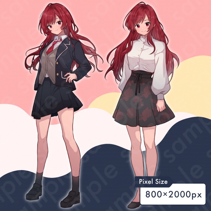 【立ち絵素材】ヒロイン系勝ち気な雰囲気の赤髪ロングヘアの女子高生イラスト・制服・私服・全身表情10種+α