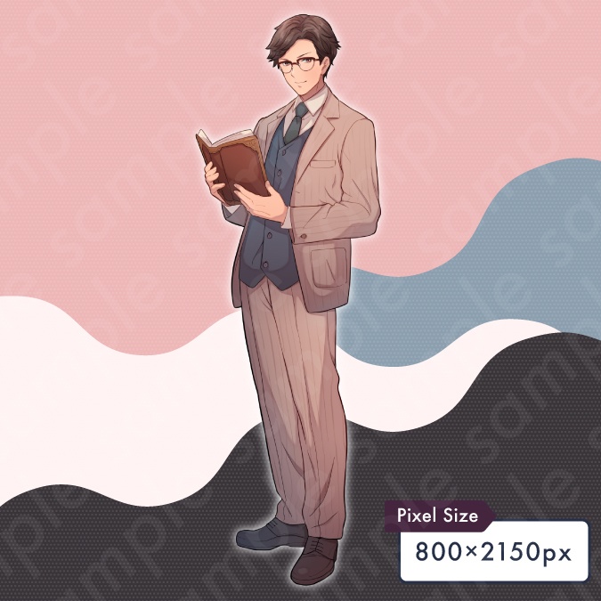 【立ち絵素材】本を持った知的な雰囲気の眼鏡男性モブキャライラスト・現代・教師・先生・スーツ・全身表情5種+α