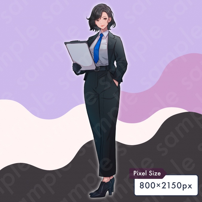 【立ち絵素材】バインダーを持った格好良い雰囲気のスーツ姿の女性モブキャライラスト・現代・警察・キャリアウーマン・全身表情5種+α