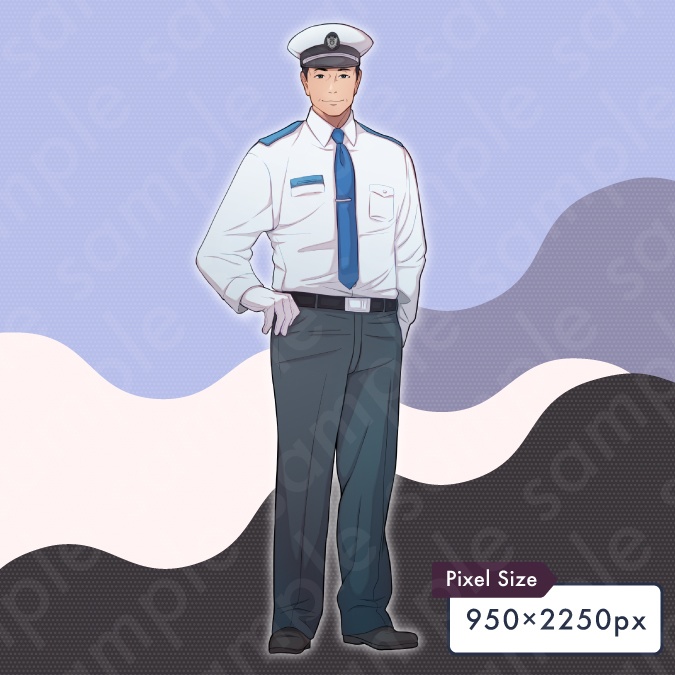 【立ち絵素材】スーツ姿の車掌や警察のような50代男性モブキャライラスト・現代・全身表情5種+α