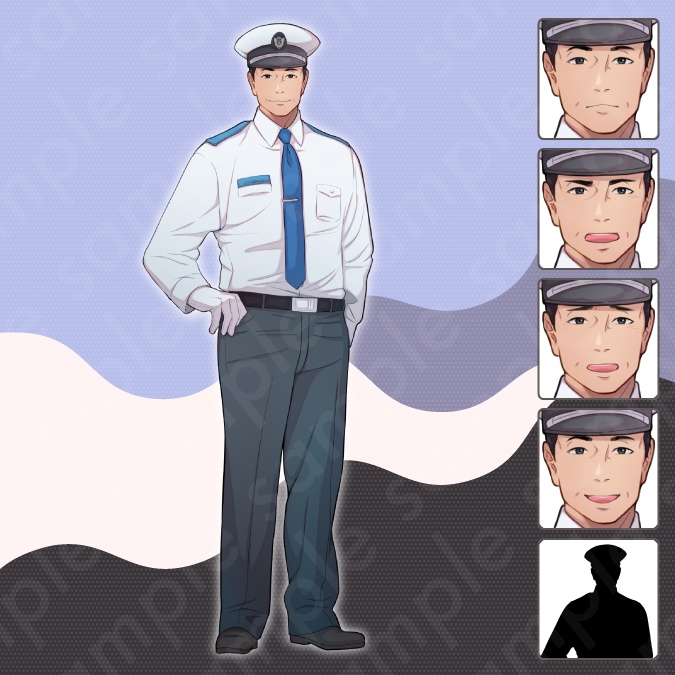 【立ち絵素材6人セット】医者・看護師・教師・警察・秘書・車掌男女のモブキャラクターイラスト・現代・全身表情5種+α