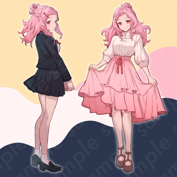 【立ち絵素材】可愛らしいお嬢様な雰囲気のピンクのふわふわロングヘアの女子高生イラスト・制服・私服・全身表情10種+α