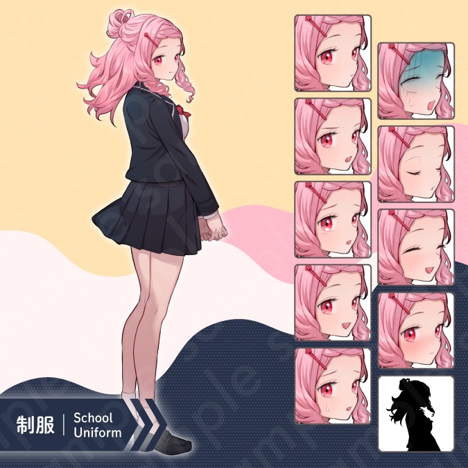 【立ち絵素材】可愛らしいお嬢様な雰囲気のピンクのふわふわロングヘアの女子高生イラスト・制服・私服・全身表情10種+α