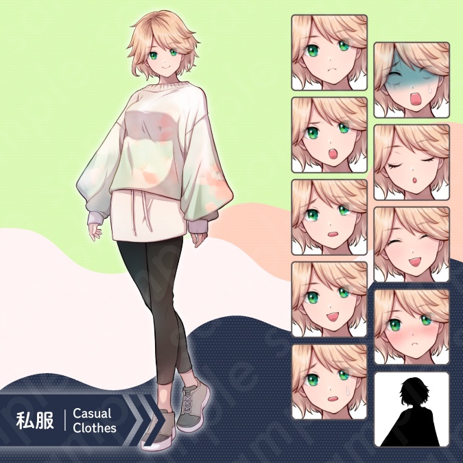 【立ち絵素材】元気で明るそうな雰囲気の金髪ショートヘアの女子高生イラスト・制服・私服・全身表情10種+α