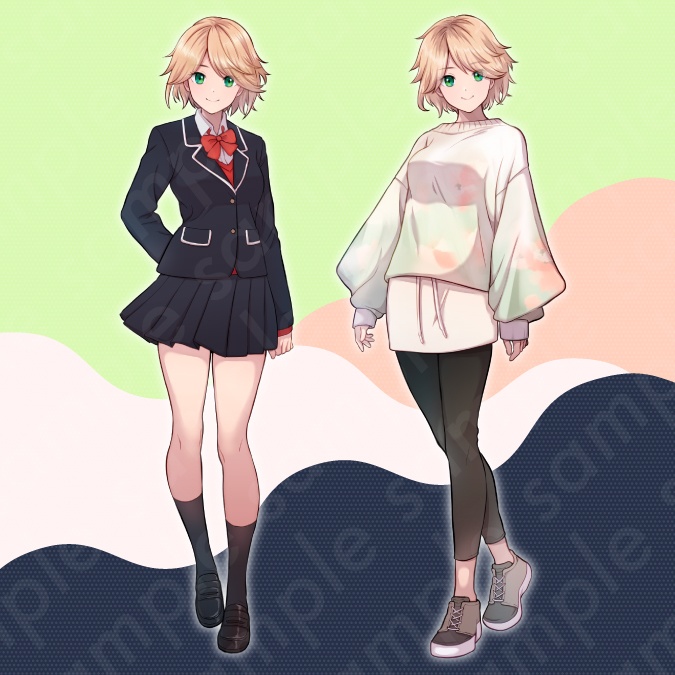 【立ち絵素材】元気で明るそうな雰囲気の金髪ショートヘアの女子高生イラスト・制服・私服・全身表情10種+α