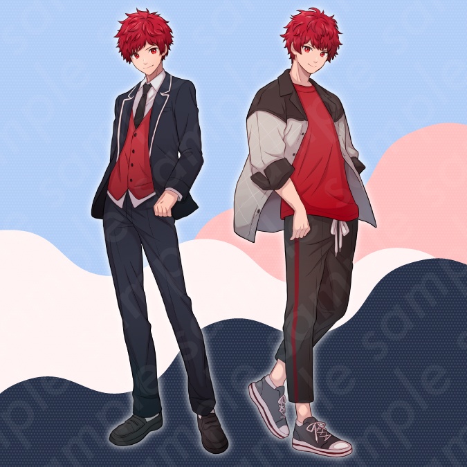 【立ち絵素材】活発で明るい雰囲気の主人公系赤髪男子高校生イラスト・制服・私服・全身表情10種+α