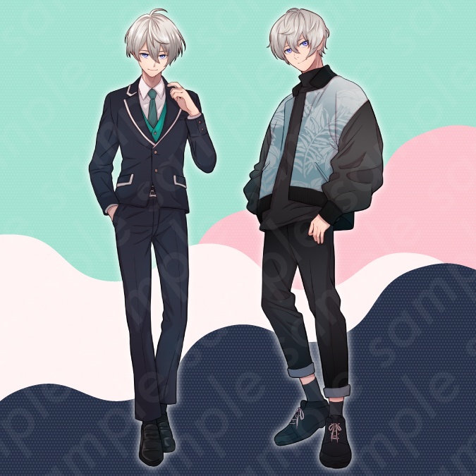 【立ち絵素材】クールな雰囲気の銀髪男子高校生イラスト・制服・私服・全身表情10種+α