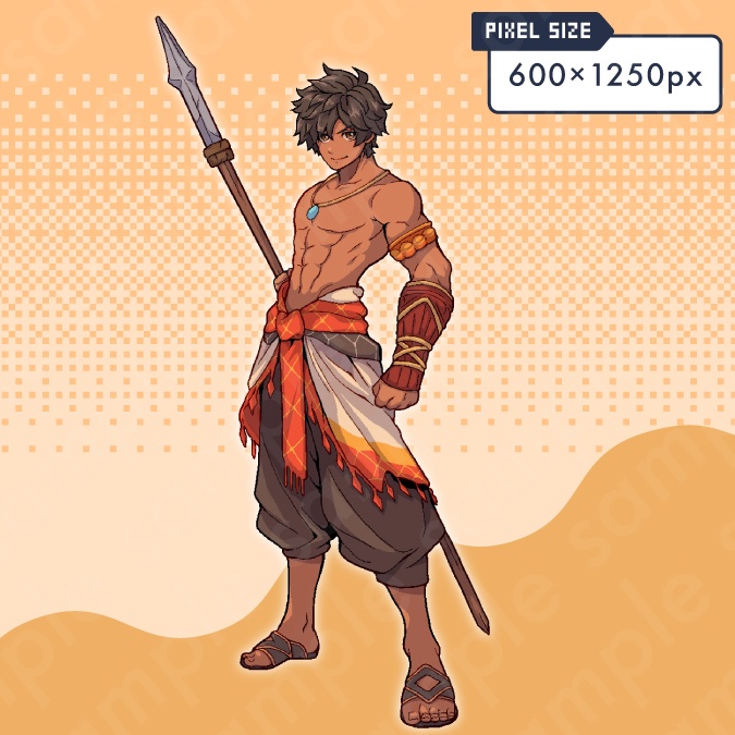 【ドット絵立ち絵素材】半裸の褐色肌・茶髪男性キャラクターイラスト・ファンタジー・槍使い・主人公系・全身表情10種+α