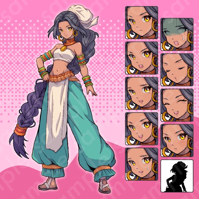 【ドット絵立ち絵素材】ヒロイン風の三つ編み女性キャラクターイラスト・ファンタジー・踊り子・冒険者・占い師・褐色肌・全身表情10種+α