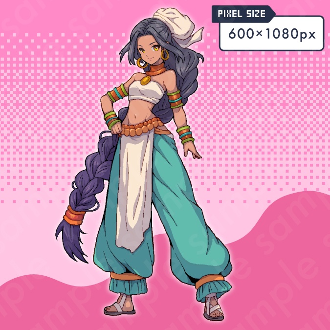 【ドット絵立ち絵素材】ヒロイン風の三つ編み女性キャラクターイラスト・ファンタジー・踊り子・冒険者・占い師・褐色肌・全身表情10種+α