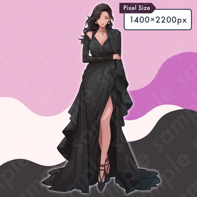 【立ち絵素材】黒ドレス姿の悪役風女性モブキャライラスト・現代・お金持ち・全身表情5種+α