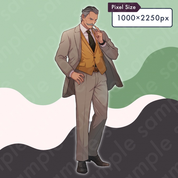 【立ち絵素材】髭を生やしたスーツ姿の悪役風60代男性モブキャライラスト・現代・社長・校長・教頭・全身表情5種+α