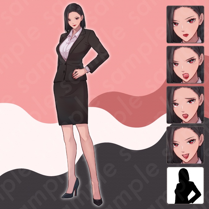 【立ち絵素材】黒スーツ姿の悪役風女性モブキャライラスト・現代・OL・キャリアウーマン・全身表情5種+α