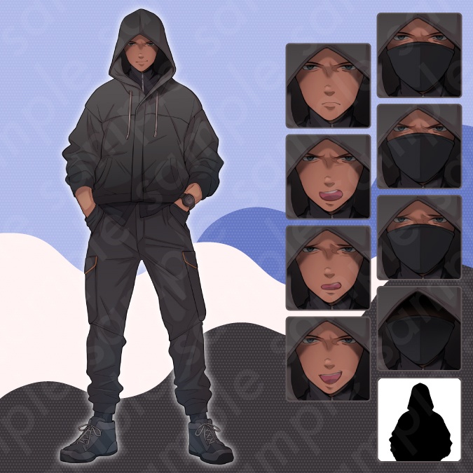 【立ち絵素材】フードを被った怪しい雰囲気の悪役風男性モブキャライラスト・現代・全身表情5種+マスクあり4種+α