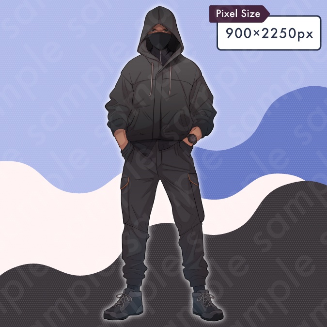 【立ち絵素材】フードを被った怪しい雰囲気の悪役風男性モブキャライラスト・現代・全身表情5種+マスクあり4種+α