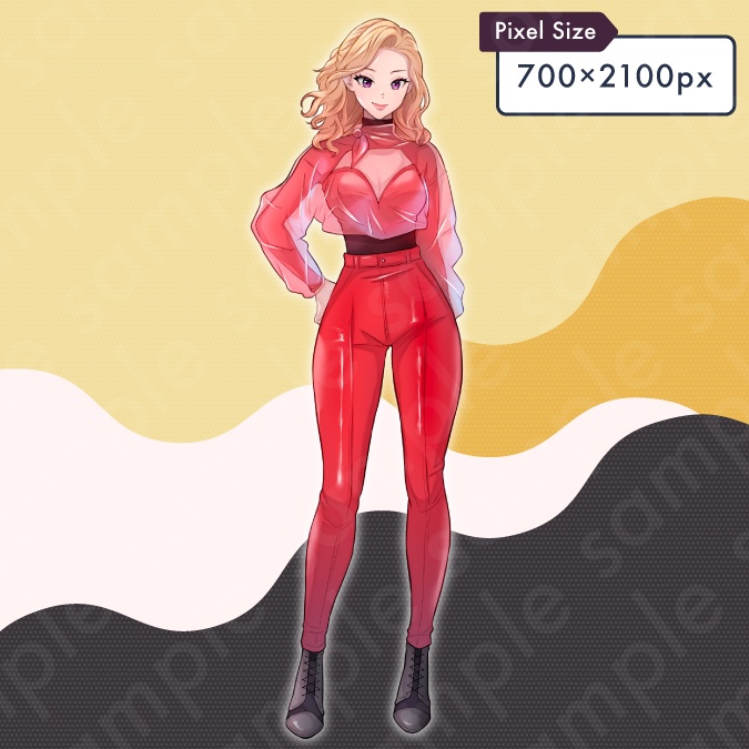 【立ち絵素材】セクシーな雰囲気の悪役風女性キャラクターイラスト・金髪赤服・現代・ファンタジー・怪盗・全身表情5種+α